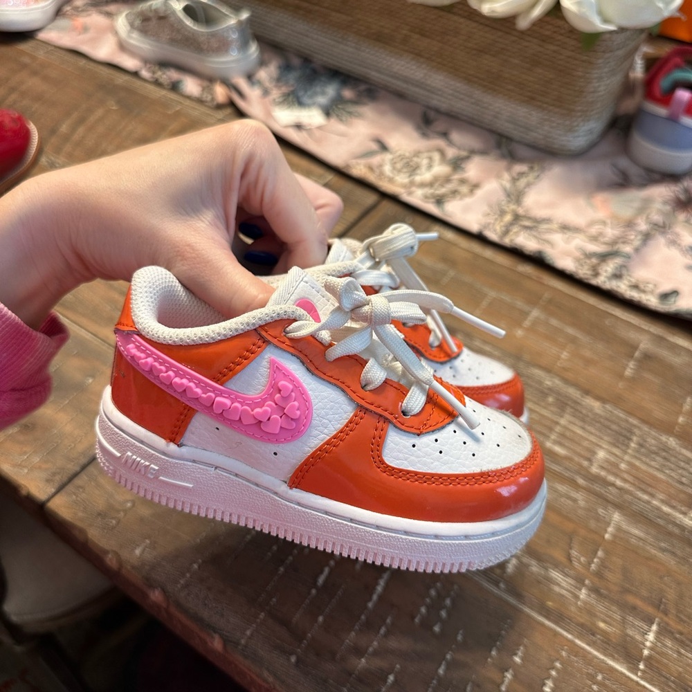 LIKE NEW girl toddler Nikes! Red/orange with pink heart Nike check!!
